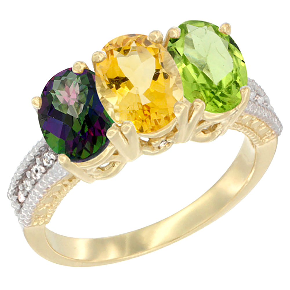 14K Yellow Gold Natural Mystic Topaz, Citrine & Peridot Ring 3-Stone 7x5 mm Oval Diamond Accent, sizes 5 - 10