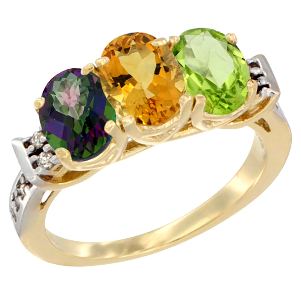 14K Yellow Gold Natural Mystic Topaz, Citrine &amp; Peridot Ring 3-Stone Oval 7x5 mm Diamond Accent, sizes 5 - 10