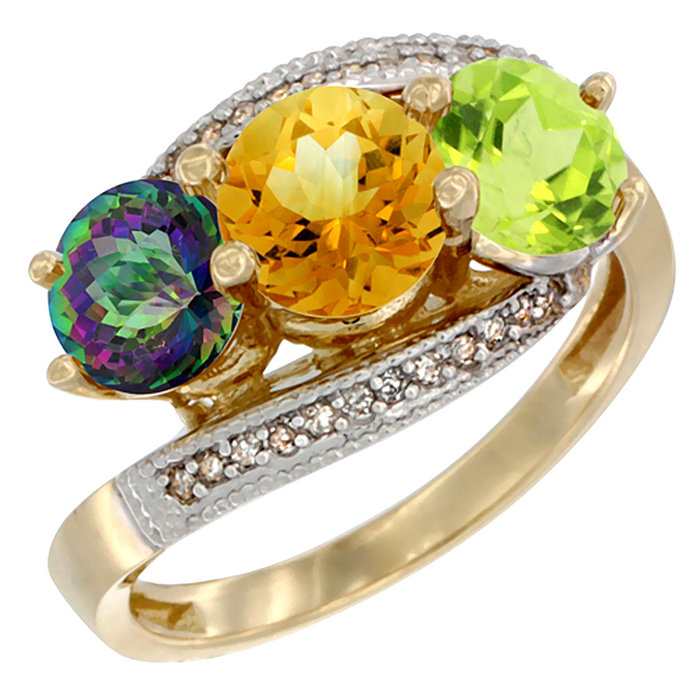 14K Yellow Gold Natural Mystic Topaz, Citrine & Peridot 3 stone Ring Round 6mm Diamond Accent, sizes 5 - 10