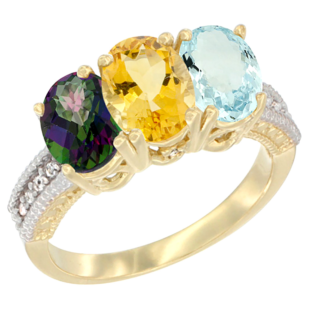 14K Yellow Gold Natural Mystic Topaz, Citrine & Aquamarine Ring 3-Stone 7x5 mm Oval Diamond Accent, sizes 5 - 10