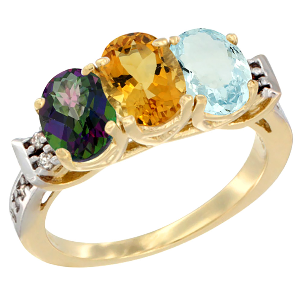 14K Yellow Gold Natural Mystic Topaz, Citrine & Aquamarine Ring 3-Stone Oval 7x5 mm Diamond Accent, sizes 5 - 10