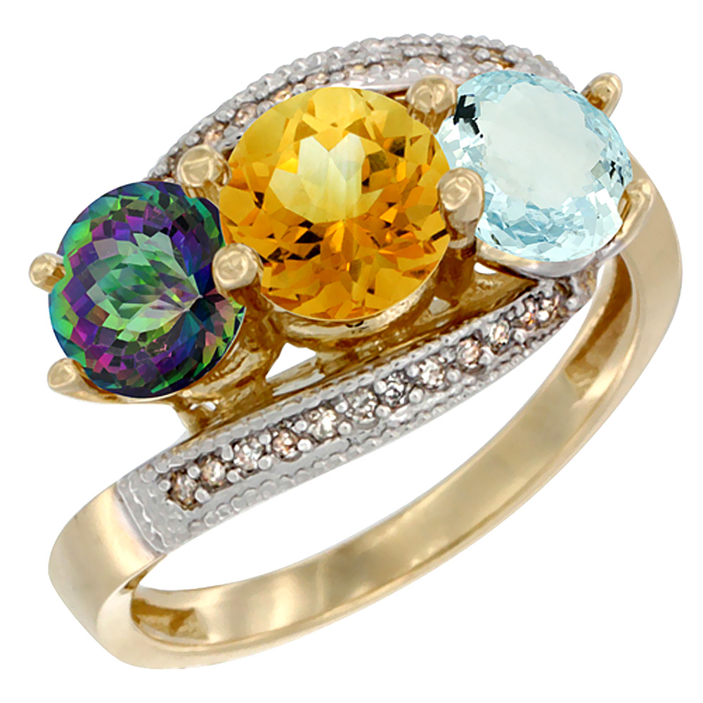 14K Yellow Gold Natural Mystic Topaz, Citrine & Aquamarine 3 stone Ring Round 6mm Diamond Accent, sizes 5 - 10