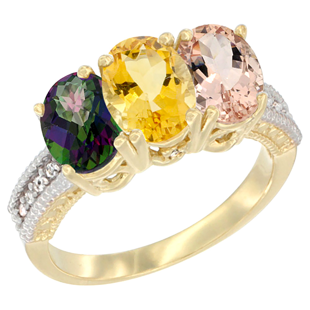 10K Yellow Gold Diamond Natural Mystic Topaz, Citrine & Morganite Ring 3-Stone 7x5 mm Oval, sizes 5 - 10