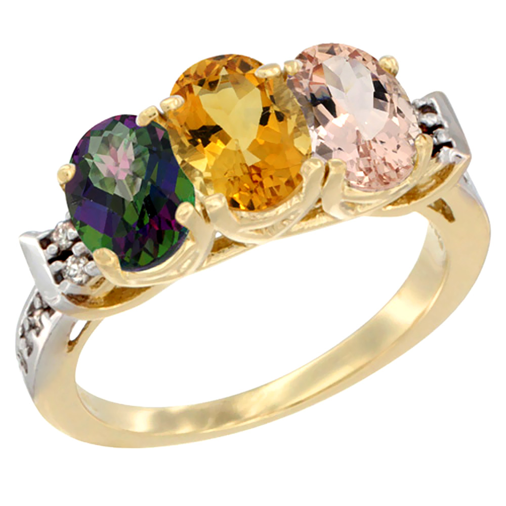 10K Yellow Gold Natural Mystic Topaz, Citrine & Morganite Ring 3-Stone Oval 7x5 mm Diamond Accent, sizes 5 - 10