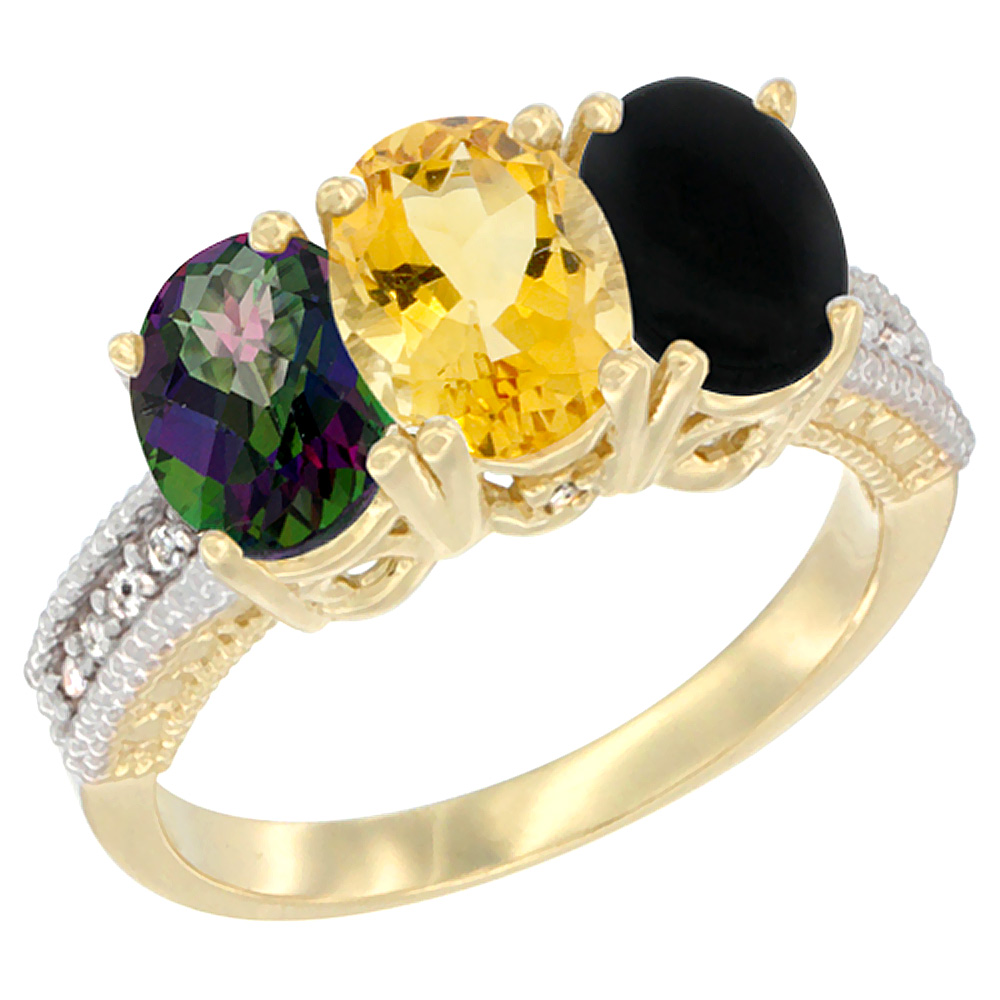 14K Yellow Gold Natural Mystic Topaz, Citrine & Black Onyx Ring 3-Stone 7x5 mm Oval Diamond Accent, sizes 5 - 10