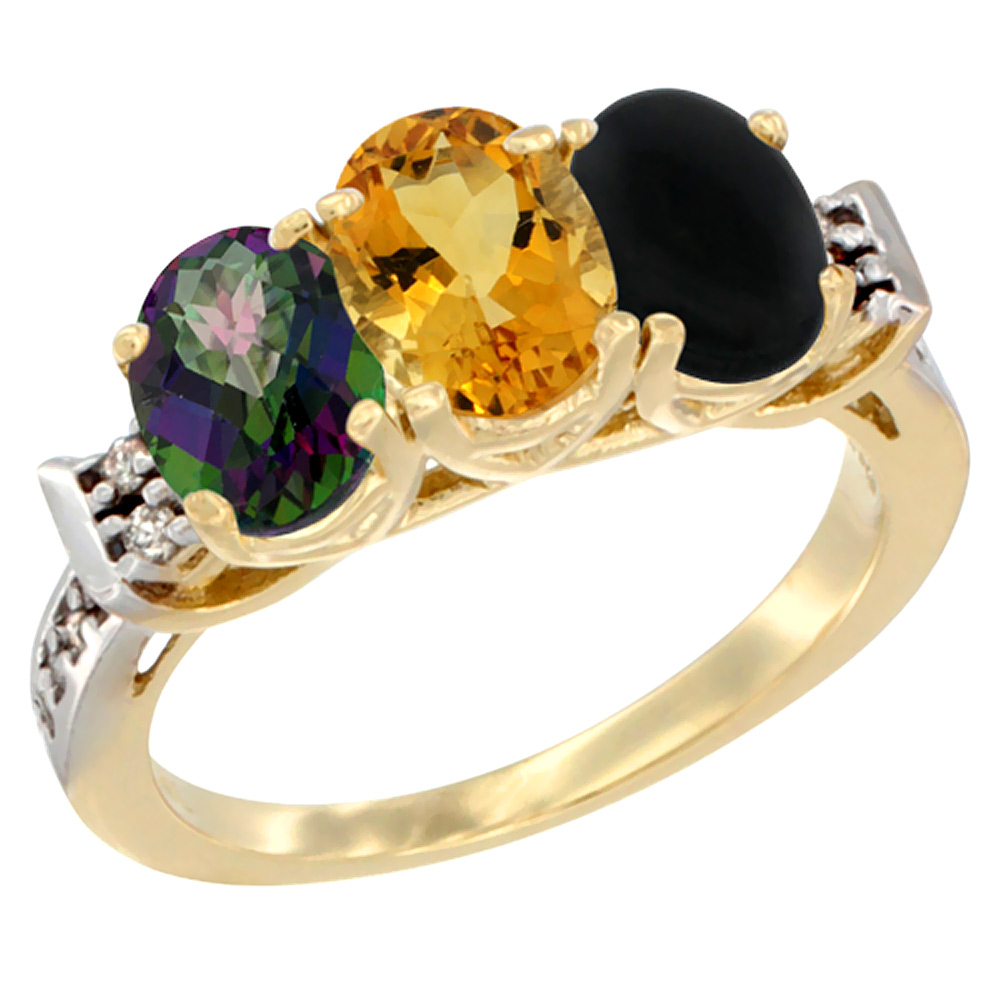 14K Yellow Gold Natural Mystic Topaz, Citrine &amp; Black Onyx Ring 3-Stone Oval 7x5 mm Diamond Accent, sizes 5 - 10