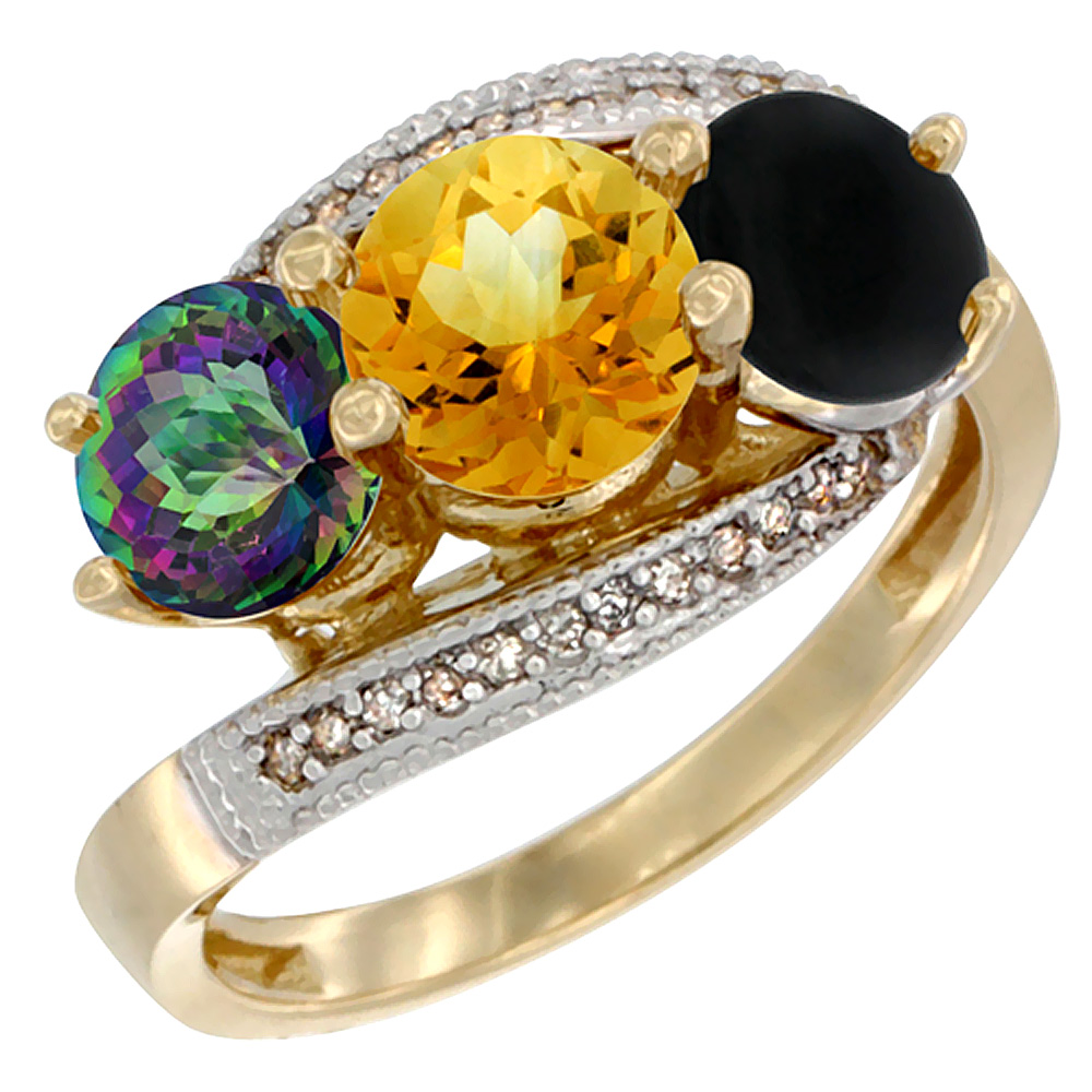 10K Yellow Gold Natural Mystic Topaz, Citrine & Black Onyx 3 stone Ring Round 6mm Diamond Accent, sizes 5 - 10