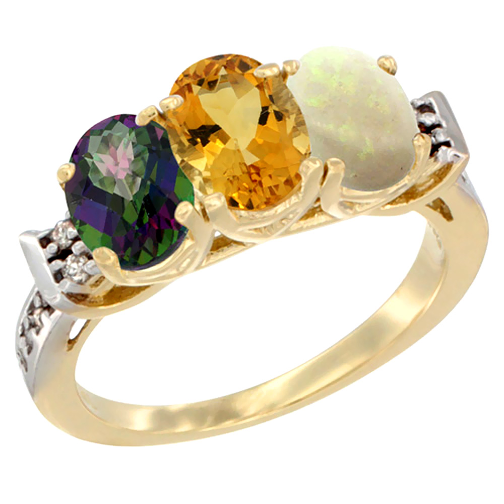 14K Yellow Gold Natural Mystic Topaz, Citrine &amp; Opal Ring 3-Stone Oval 7x5 mm Diamond Accent, sizes 5 - 10