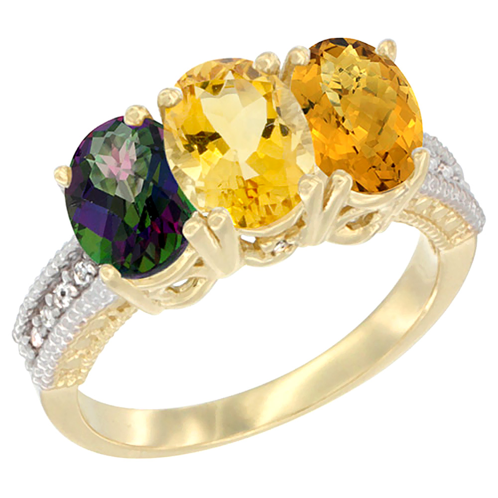 14K Yellow Gold Natural Mystic Topaz, Citrine & Whisky Quartz Ring 3-Stone 7x5 mm Oval Diamond Accent, sizes 5 - 10