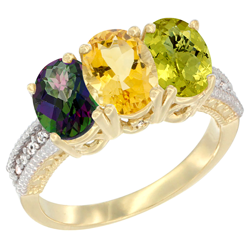 14K Yellow Gold Natural Mystic Topaz, Citrine & Lemon Quartz Ring 3-Stone 7x5 mm Oval Diamond Accent, sizes 5 - 10