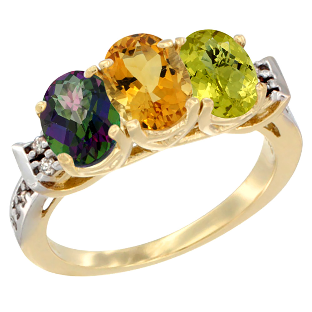 10K Yellow Gold Natural Mystic Topaz, Citrine & Lemon Quartz Ring 3-Stone Oval 7x5 mm Diamond Accent, sizes 5 - 10