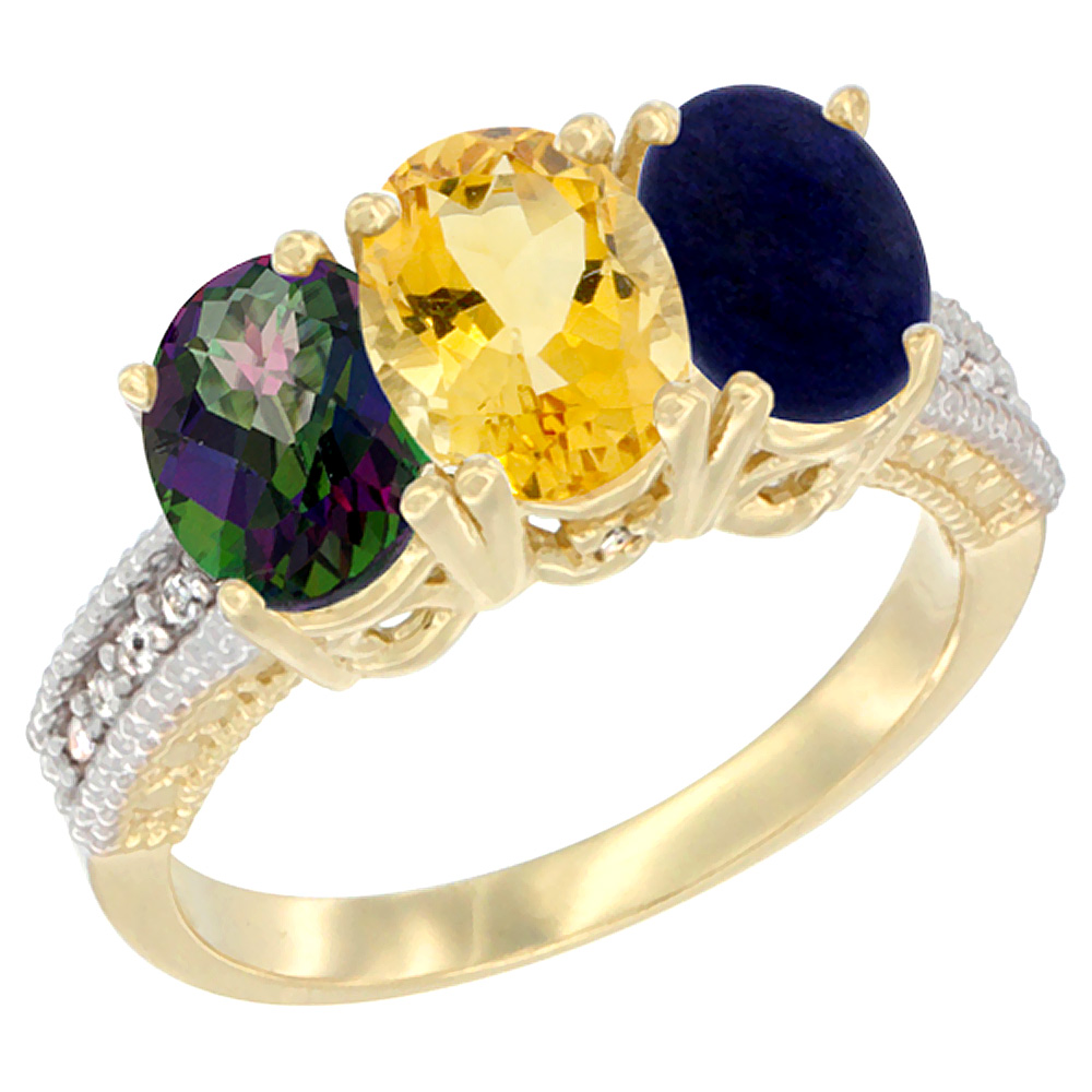 10K Yellow Gold Diamond Natural Mystic Topaz, Citrine & Lapis Ring 3-Stone 7x5 mm Oval, sizes 5 - 10