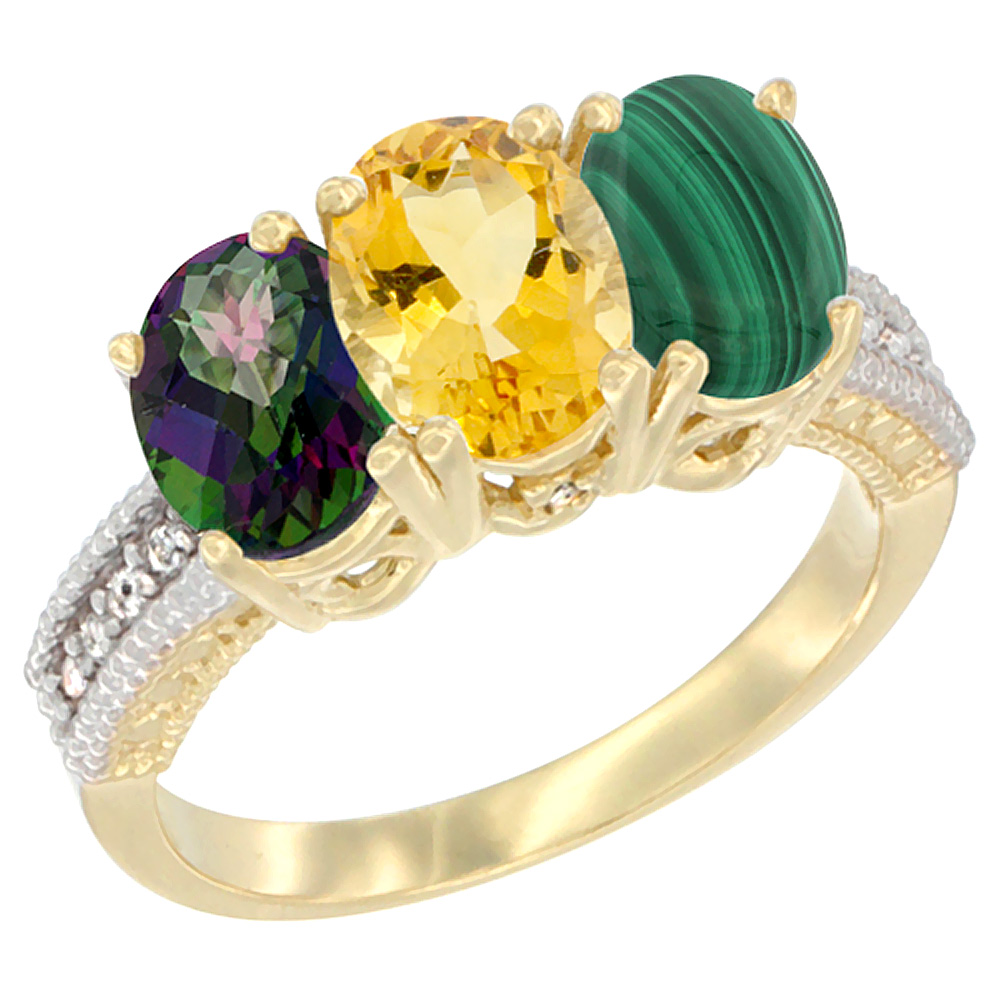 14K Yellow Gold Natural Mystic Topaz, Citrine & Malachite Ring 3-Stone 7x5 mm Oval Diamond Accent, sizes 5 - 10