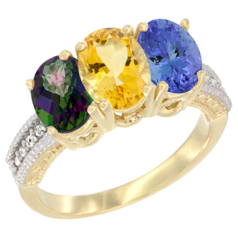 10K Yellow Gold Diamond Natural Mystic Topaz, Citrine & Tanzanite Ring 3-Stone 7x5 mm Oval, sizes 5 - 10