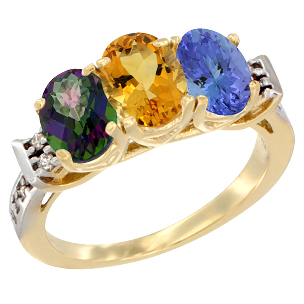 10K Yellow Gold Natural Mystic Topaz, Citrine & Tanzanite Ring 3-Stone Oval 7x5 mm Diamond Accent, sizes 5 - 10