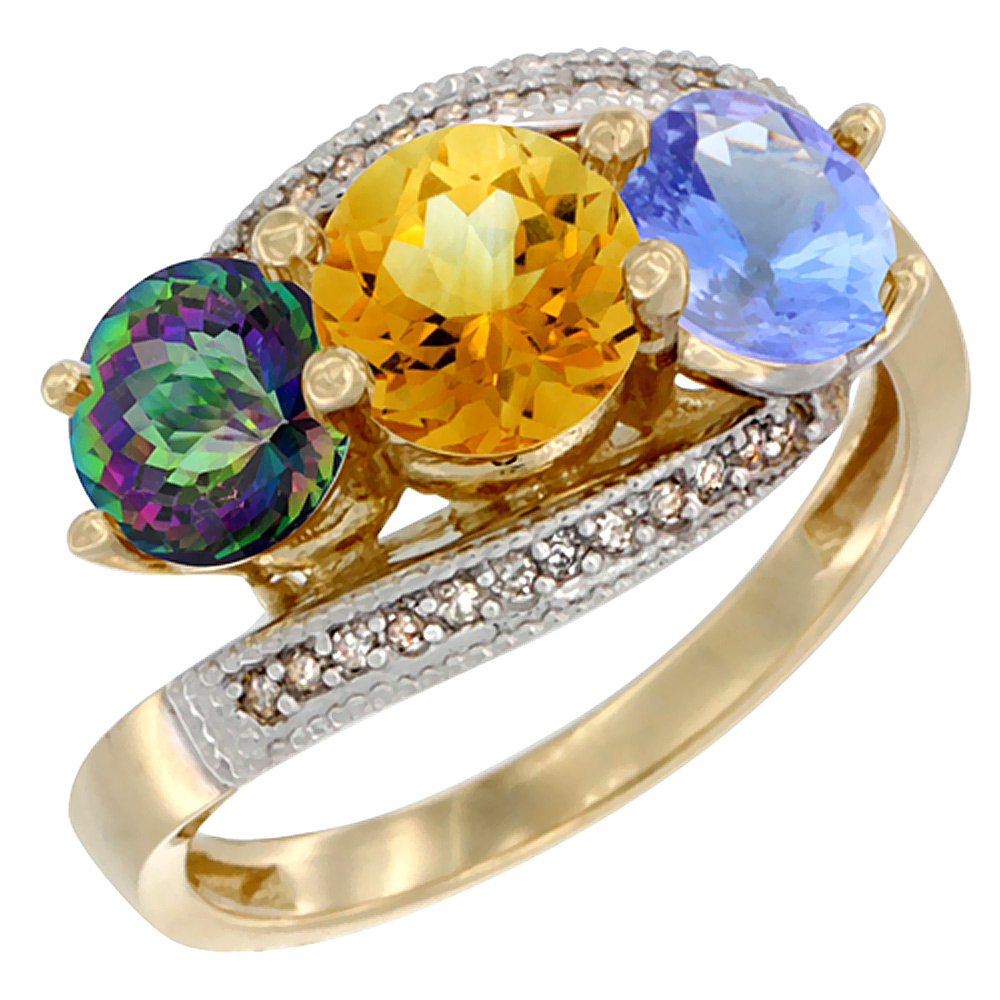 10K Yellow Gold Natural Mystic Topaz, Citrine & Tanzanite 3 stone Ring Round 6mm Diamond Accent, sizes 5 - 10