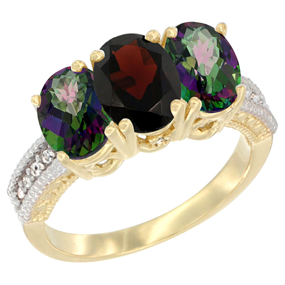 10K Yellow Gold Diamond Natural Garnet & Mystic Topaz Ring 3-Stone 7x5 mm Oval, sizes 5 - 10