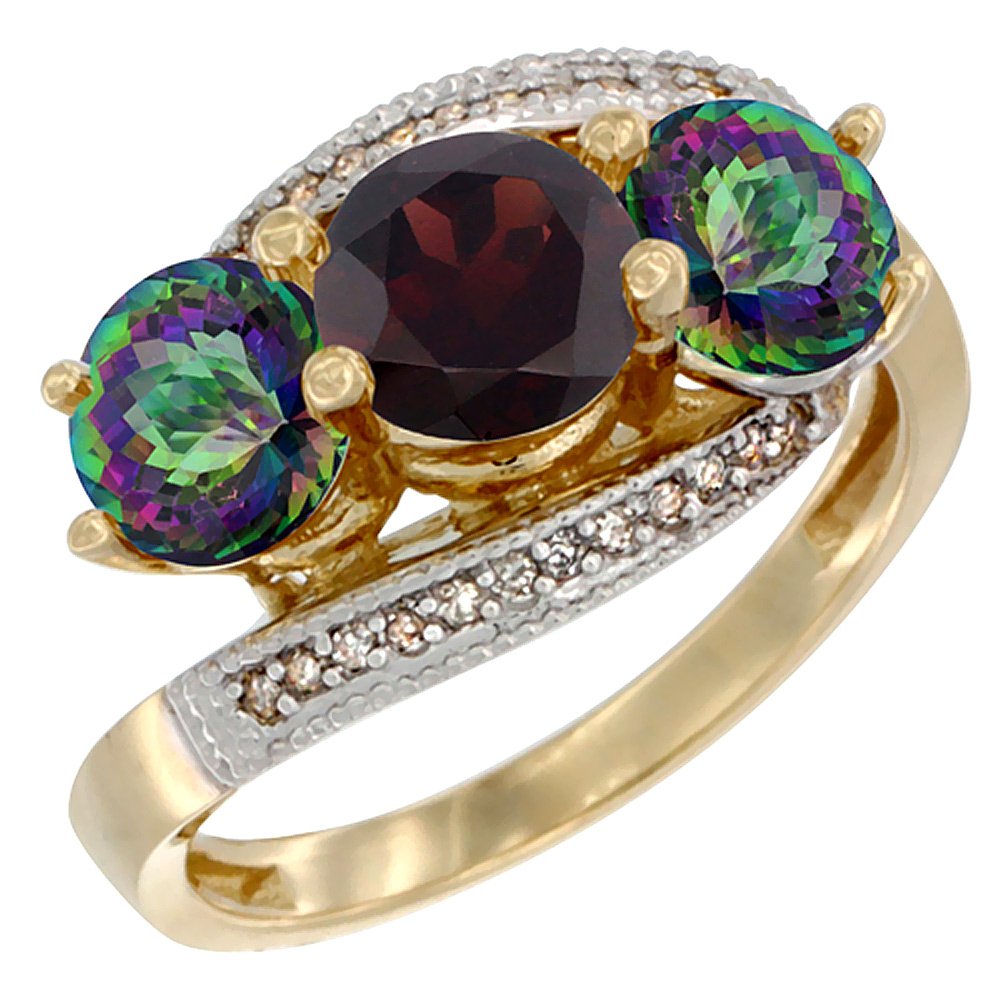 14K Yellow Gold Natural Garnet & Mystic Topaz Sides 3 stone Ring Round 6mm Diamond Accent, sizes 5 - 10