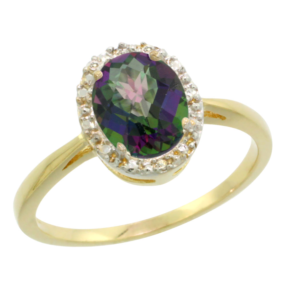 14K Yellow Gold Natural Mystic Topaz Diamond Halo Ring Oval 8X6mm, sizes 5 10