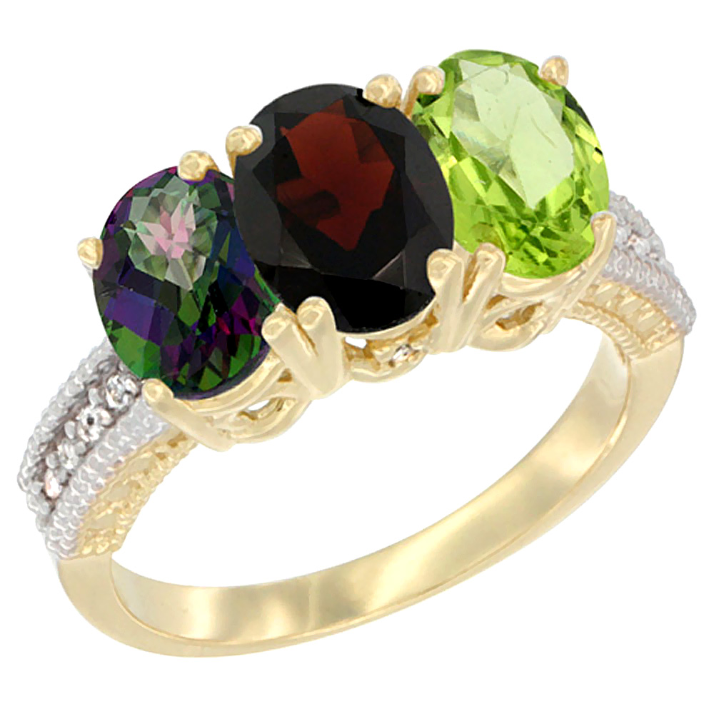 10K Yellow Gold Diamond Natural Mystic Topaz, Garnet & Peridot Ring 3-Stone 7x5 mm Oval, sizes 5 - 10