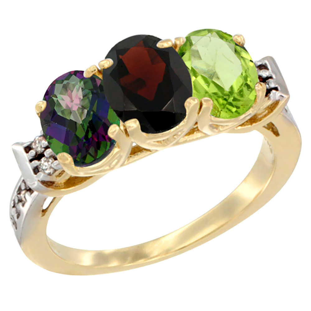 10K Yellow Gold Natural Mystic Topaz, Garnet & Peridot Ring 3-Stone Oval 7x5 mm Diamond Accent, sizes 5 - 10