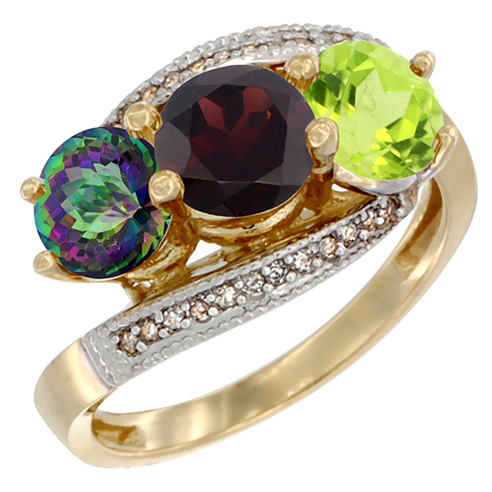 10K Yellow Gold Natural Mystic Topaz, Garnet & Peridot 3 stone Ring Round 6mm Diamond Accent, sizes 5 - 10