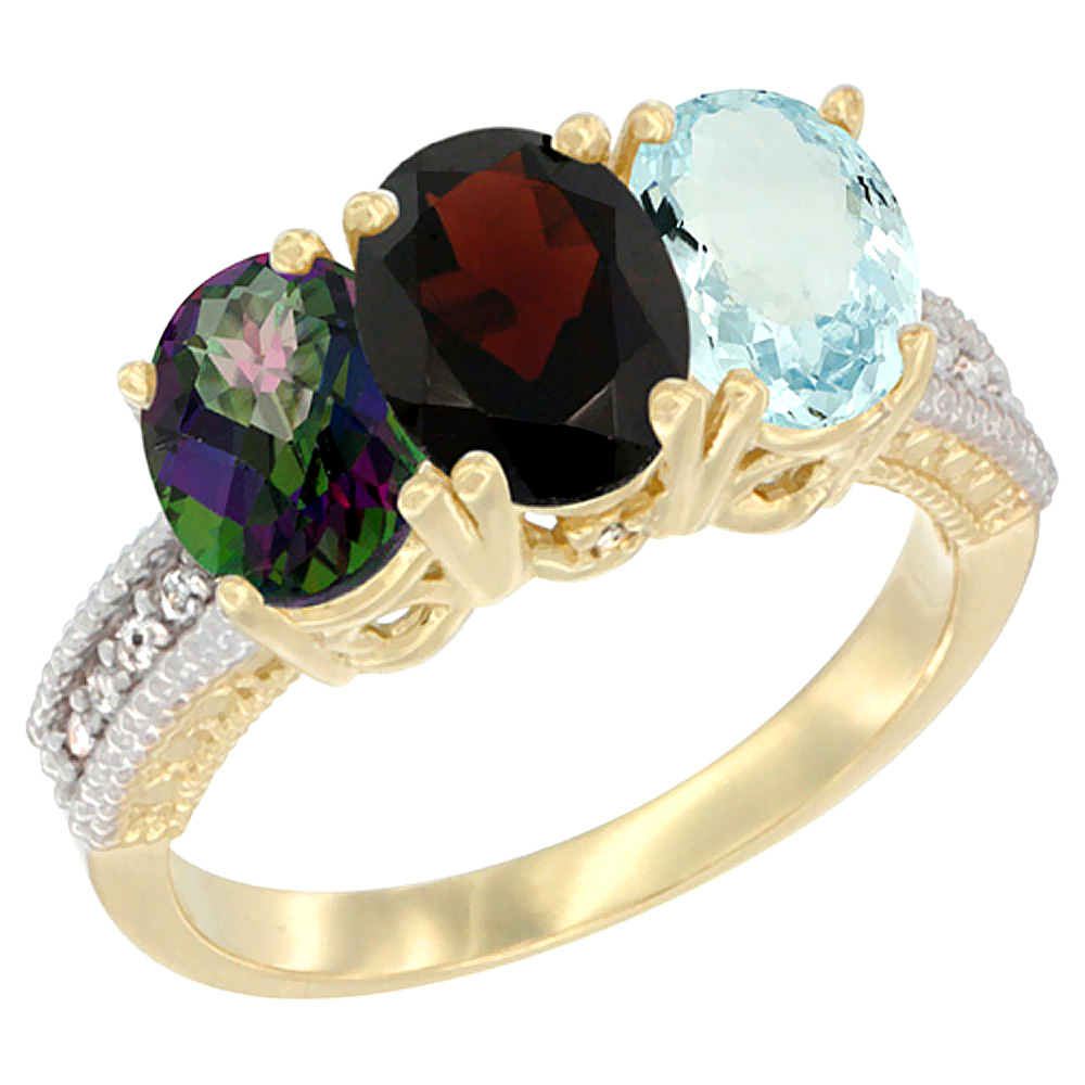 10K Yellow Gold Diamond Natural Mystic Topaz, Garnet & Aquamarine Ring 3-Stone 7x5 mm Oval, sizes 5 - 10