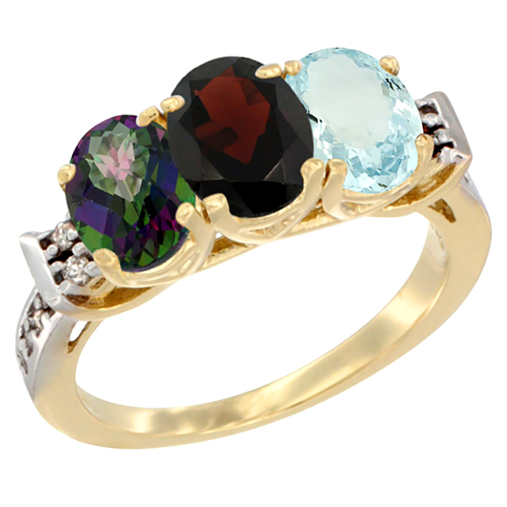 10K Yellow Gold Natural Mystic Topaz, Garnet & Aquamarine Ring 3-Stone Oval 7x5 mm Diamond Accent, sizes 5 - 10