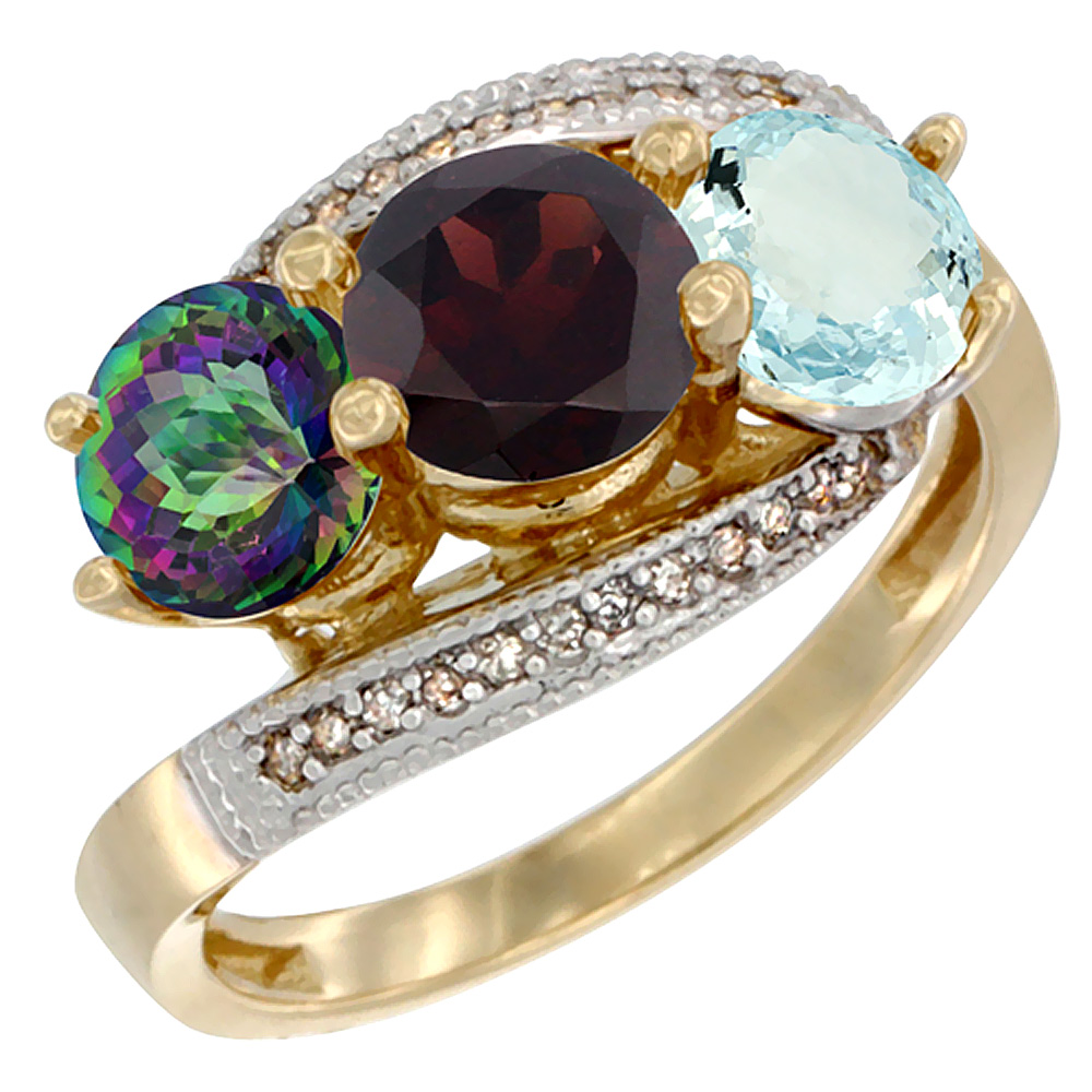 10K Yellow Gold Natural Mystic Topaz, Garnet & Aquamarine 3 stone Ring Round 6mm Diamond Accent, sizes 5 - 10