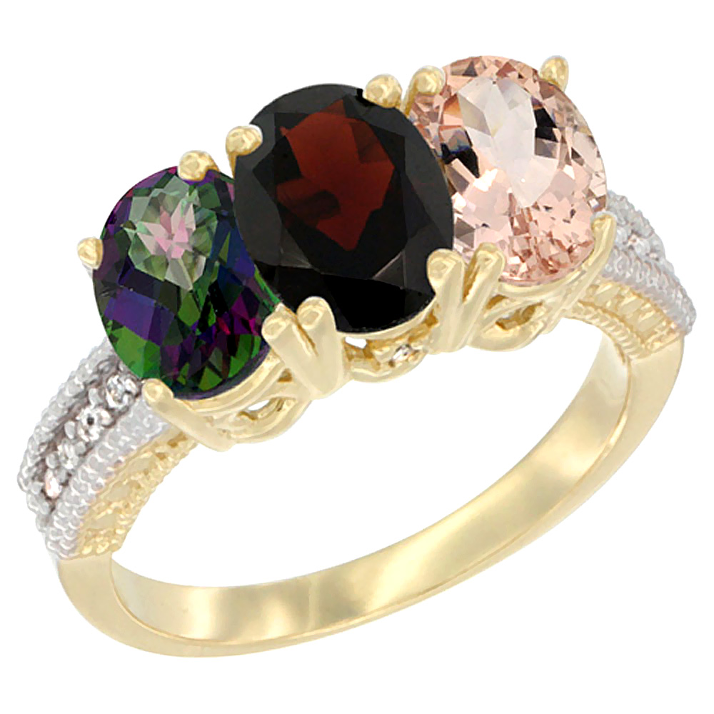 10K Yellow Gold Diamond Natural Mystic Topaz, Garnet & Morganite Ring 3-Stone 7x5 mm Oval, sizes 5 - 10