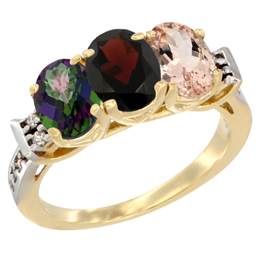 10K Yellow Gold Natural Mystic Topaz, Garnet & Morganite Ring 3-Stone Oval 7x5 mm Diamond Accent, sizes 5 - 10