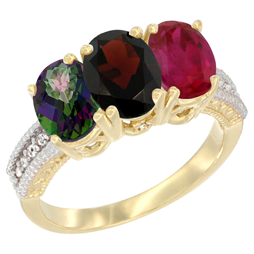 10K Yellow Gold Diamond Natural Mystic Topaz, Garnet &amp; Enhanced Ruby Ring 3-Stone 7x5 mm Oval, sizes 5 - 10