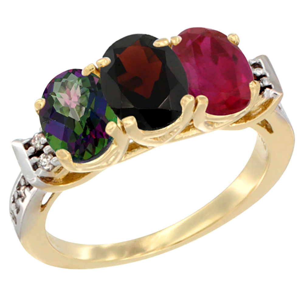 10K Yellow Gold Natural Mystic Topaz, Garnet & Enhanced Ruby Ring 3-Stone Oval 7x5 mm Diamond Accent, sizes 5 - 10