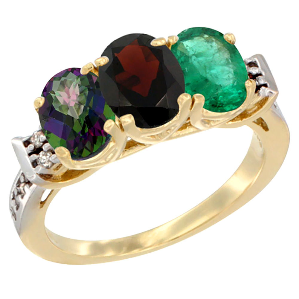 10K Yellow Gold Natural Mystic Topaz, Garnet & Emerald Ring 3-Stone Oval 7x5 mm Diamond Accent, sizes 5 - 10