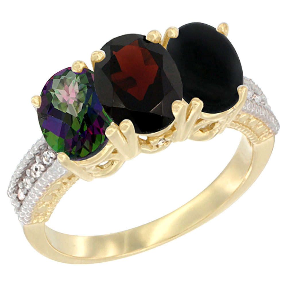 10K Yellow Gold Diamond Natural Mystic Topaz, Garnet &amp; Black Onyx Ring 3-Stone 7x5 mm Oval, sizes 5 - 10