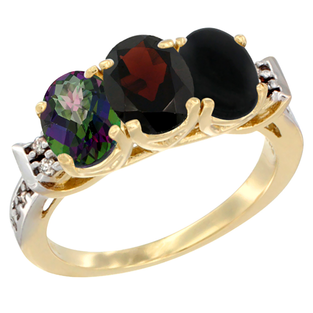 10K Yellow Gold Natural Mystic Topaz, Garnet & Black Onyx Ring 3-Stone Oval 7x5 mm Diamond Accent, sizes 5 - 10