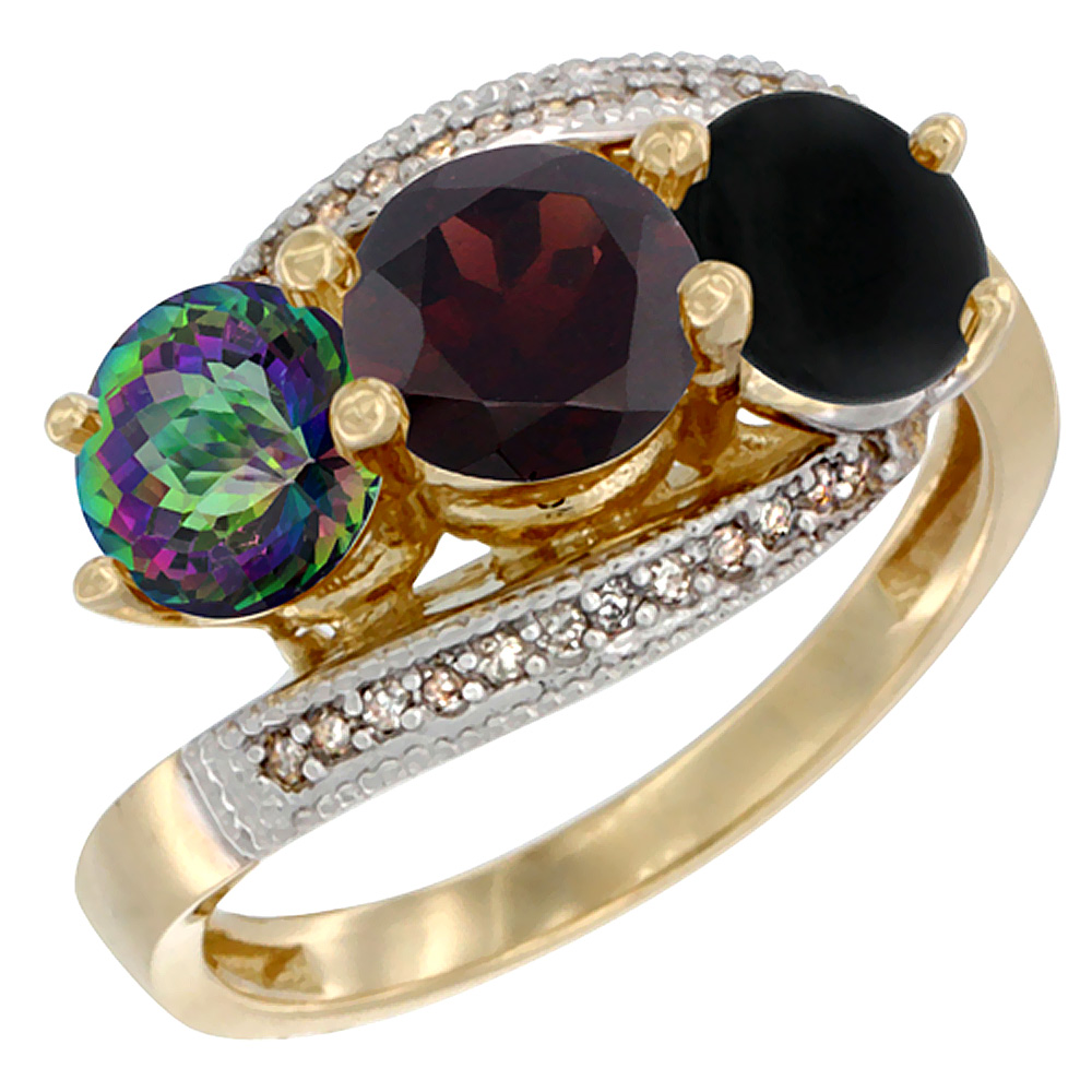 10K Yellow Gold Natural Mystic Topaz, Garnet & Black Onyx 3 stone Ring Round 6mm Diamond Accent, sizes 5 - 10