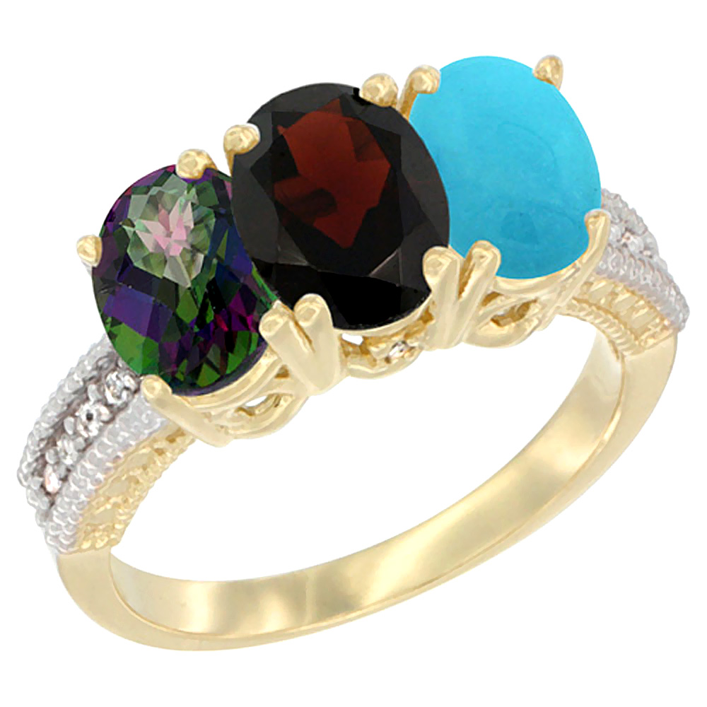 10K Yellow Gold Diamond Natural Mystic Topaz, Garnet &amp; Turquoise Ring 3-Stone 7x5 mm Oval, sizes 5 - 10