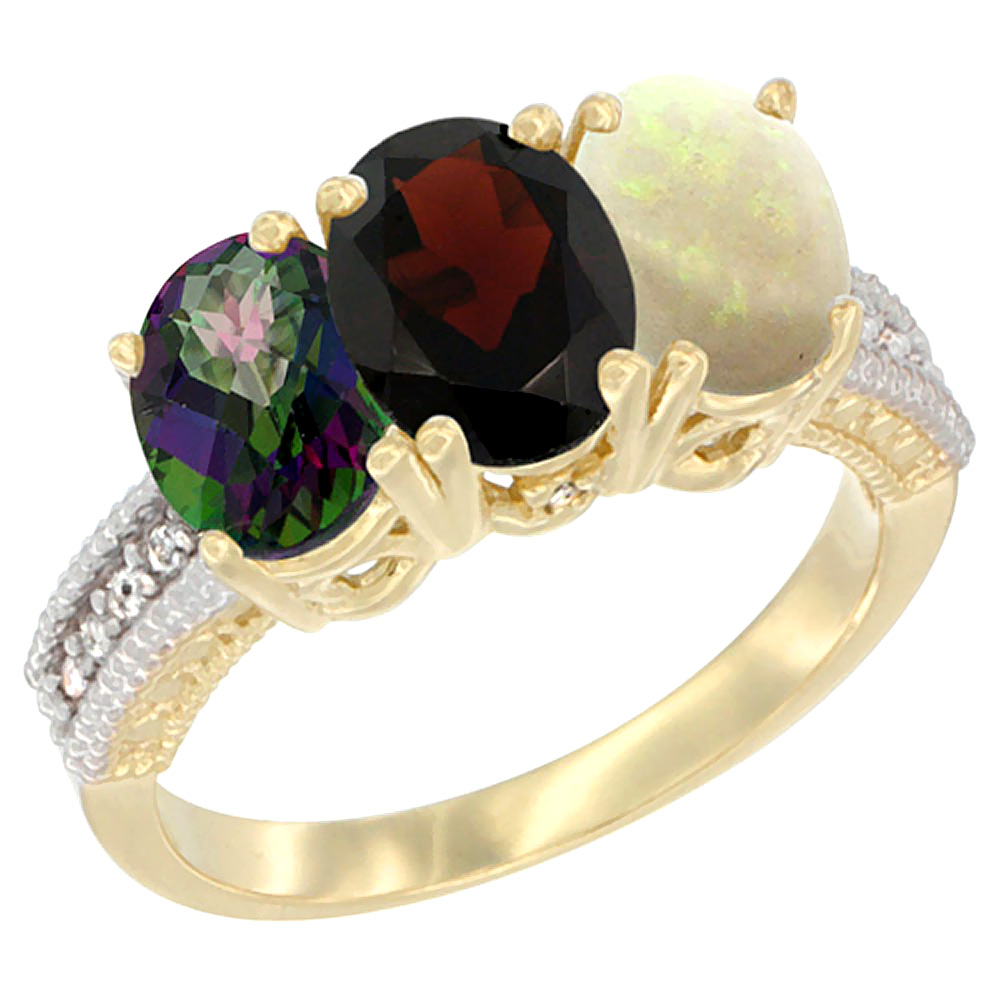 10K Yellow Gold Diamond Natural Mystic Topaz, Garnet & Opal Ring 3-Stone 7x5 mm Oval, sizes 5 - 10