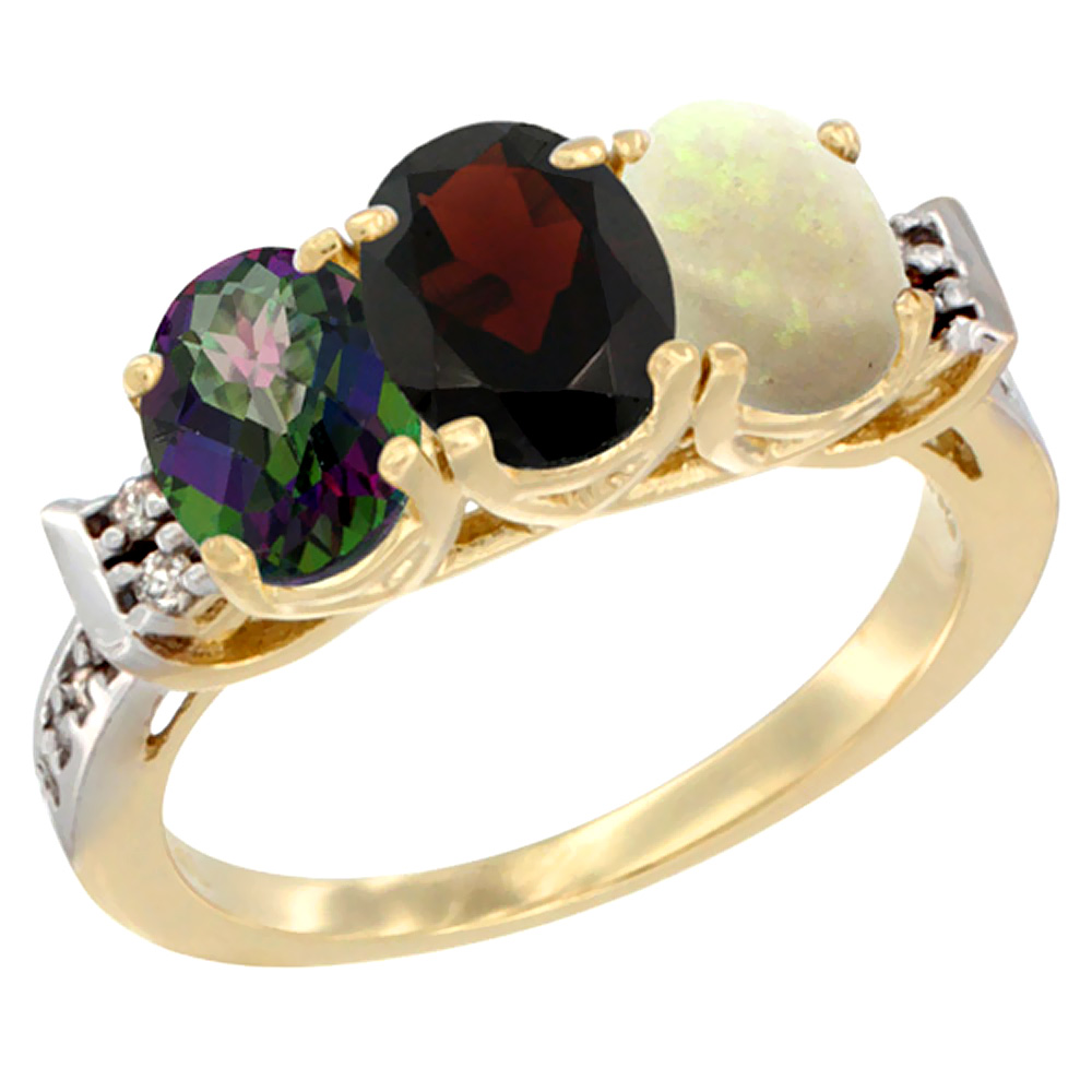 10K Yellow Gold Natural Mystic Topaz, Garnet & Opal Ring 3-Stone Oval 7x5 mm Diamond Accent, sizes 5 - 10