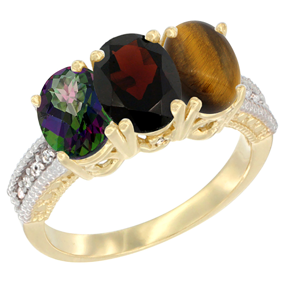 10K Yellow Gold Diamond Natural Mystic Topaz, Garnet &amp; Tiger Eye Ring 3-Stone 7x5 mm Oval, sizes 5 - 10