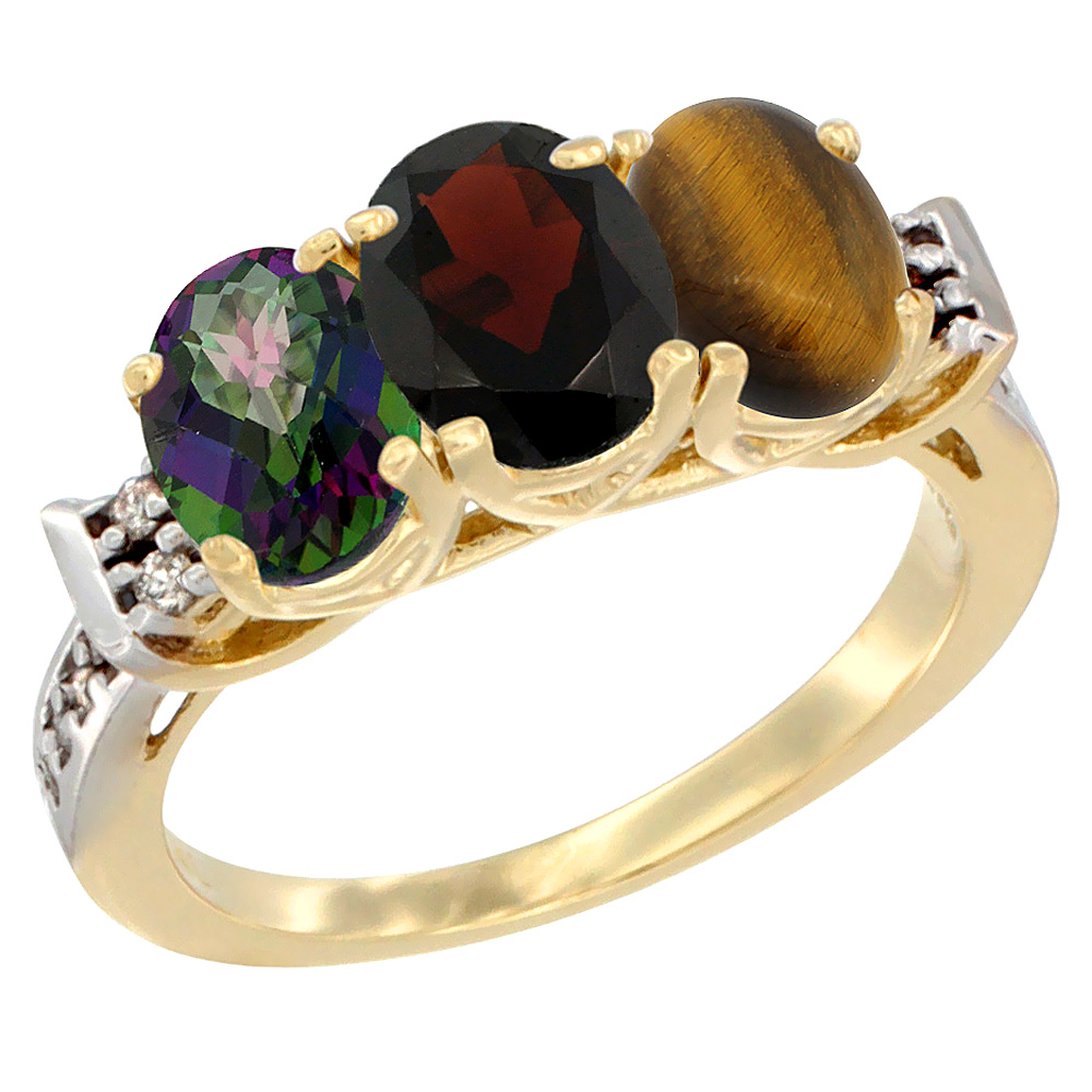 10K Yellow Gold Natural Mystic Topaz, Garnet & Tiger Eye Ring 3-Stone Oval 7x5 mm Diamond Accent, sizes 5 - 10