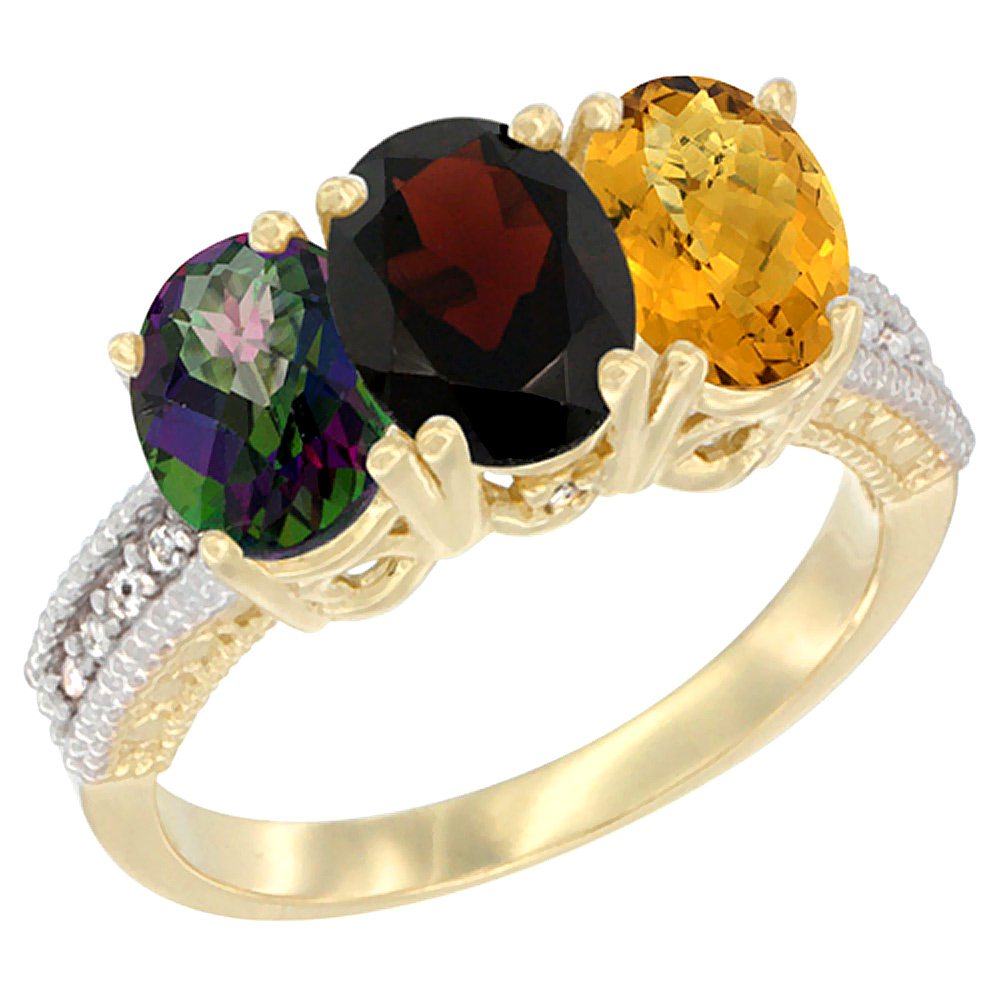 10K Yellow Gold Diamond Natural Mystic Topaz, Garnet & Whisky Quartz Ring 3-Stone 7x5 mm Oval, sizes 5 - 10