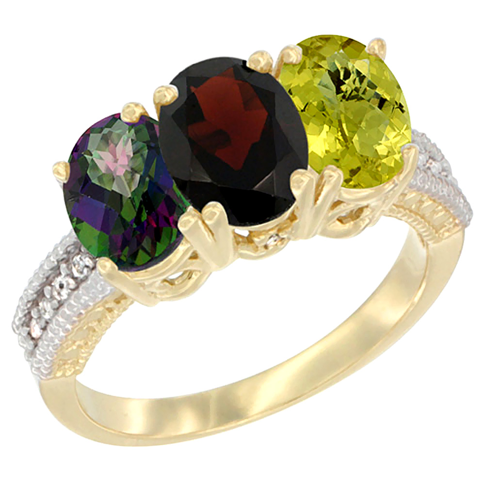 10K Yellow Gold Diamond Natural Mystic Topaz, Garnet & Lemon Quartz Ring 3-Stone 7x5 mm Oval, sizes 5 - 10