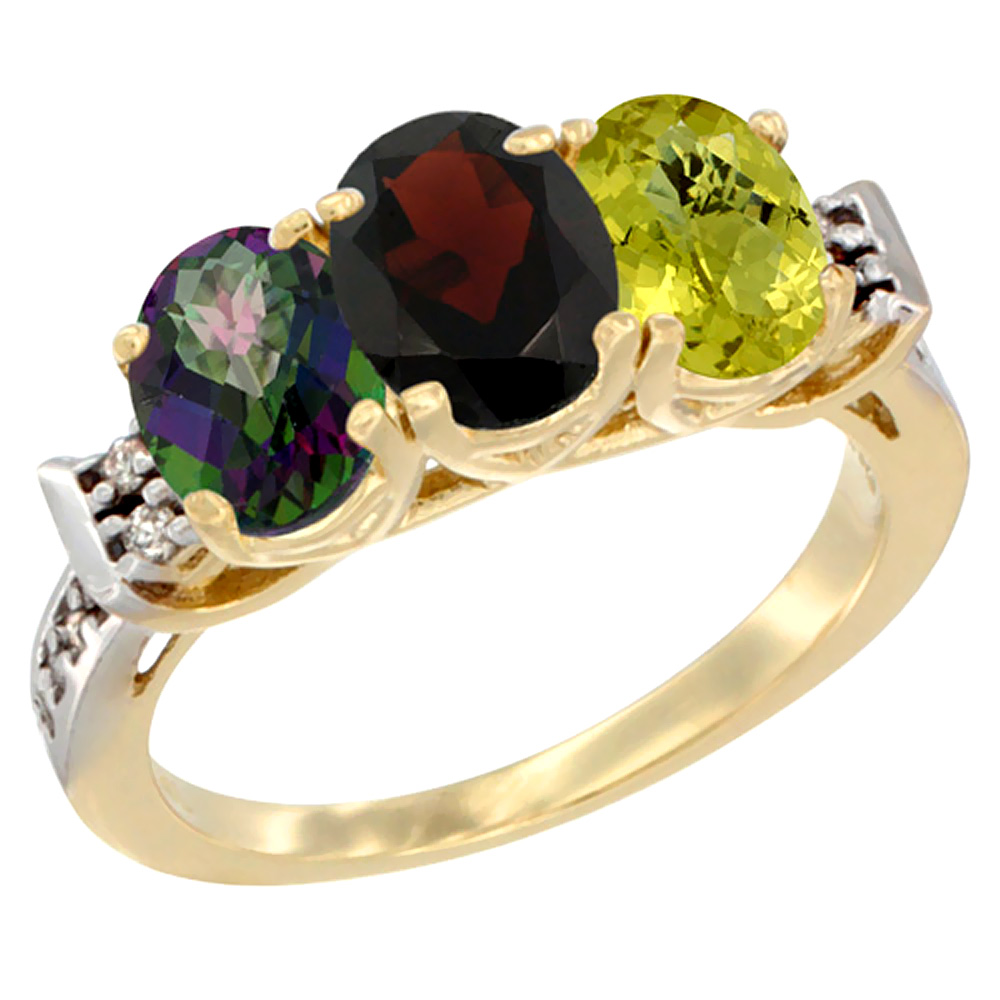 10K Yellow Gold Natural Mystic Topaz, Garnet & Lemon Quartz Ring 3-Stone Oval 7x5 mm Diamond Accent, sizes 5 - 10