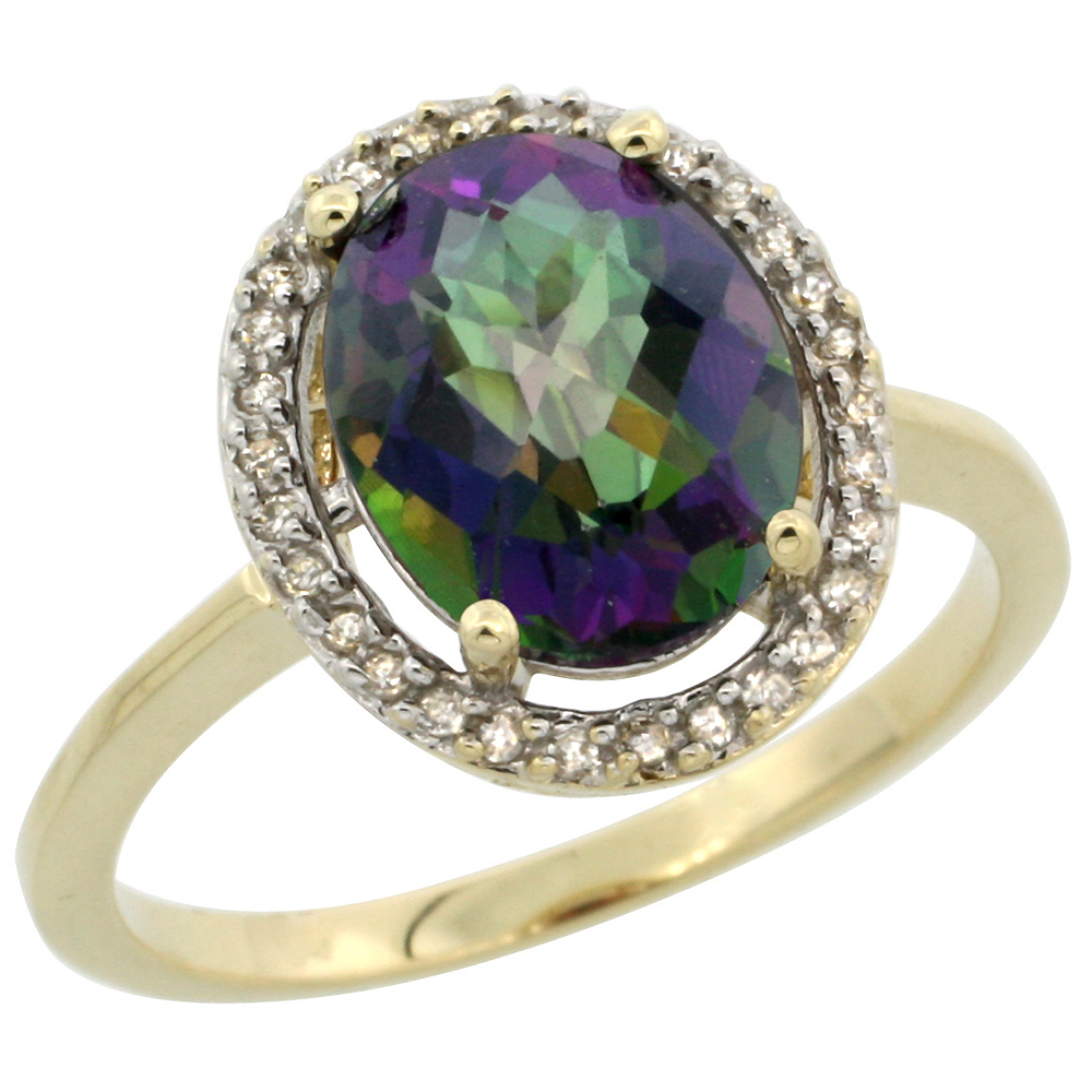 10K Yellow Gold Natural Diamond Halo Mystic Topaz Engagement Ring Oval 10x8 mm, sizes 5-10