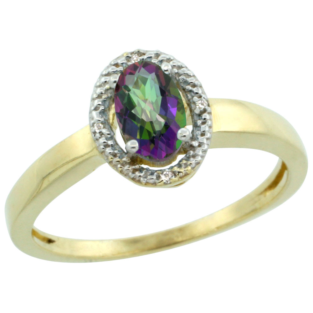 14K Yellow Gold Natural Diamond Halo Mystic Topaz Engagement Ring Oval 6X4 mm, sizes 5-10