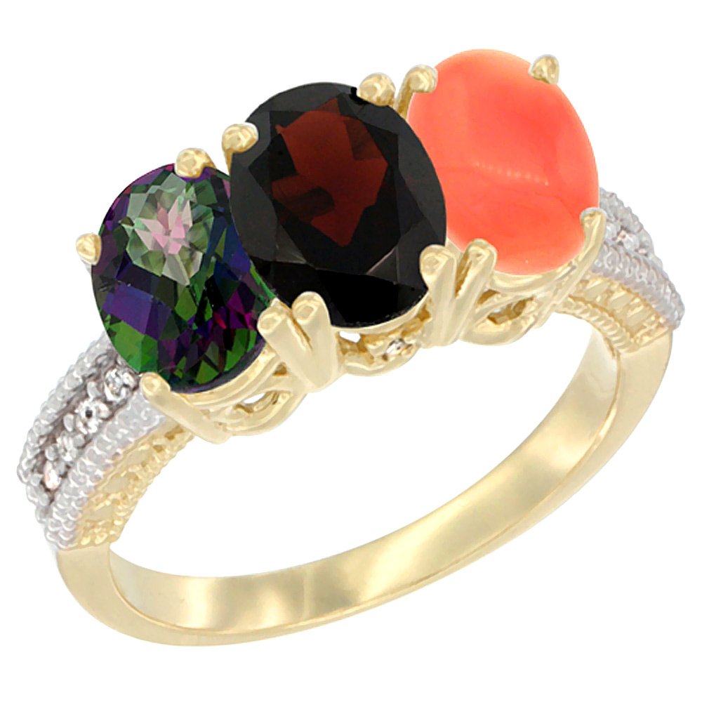 10K Yellow Gold Diamond Natural Mystic Topaz, Garnet &amp; Coral Ring 3-Stone 7x5 mm Oval, sizes 5 - 10