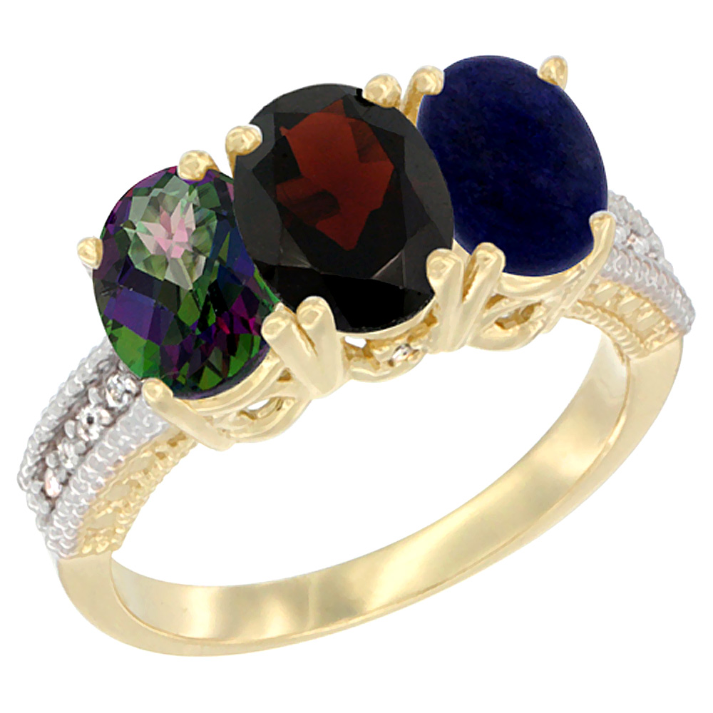 10K Yellow Gold Diamond Natural Mystic Topaz, Garnet &amp; Lapis Ring 3-Stone 7x5 mm Oval, sizes 5 - 10