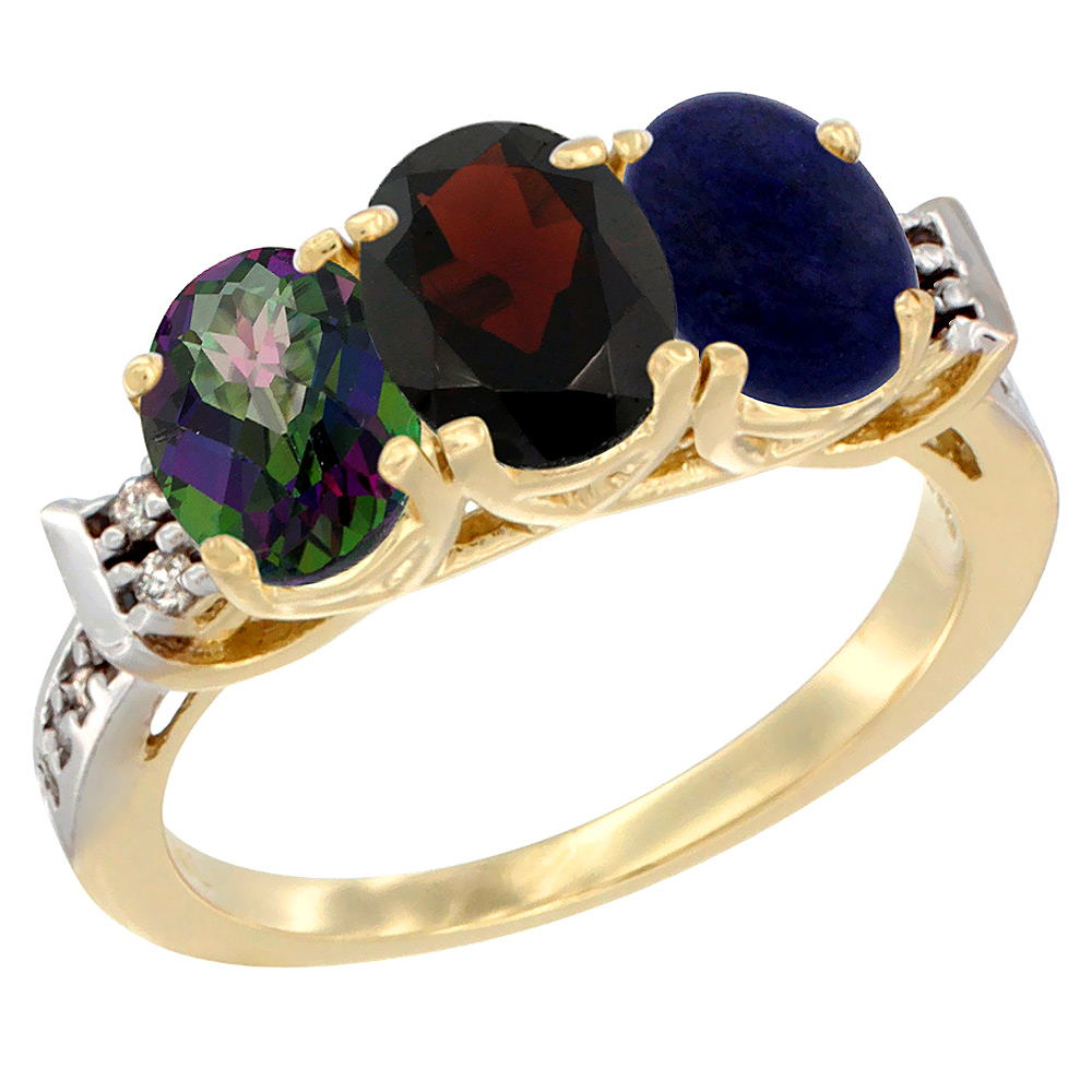 10K Yellow Gold Natural Mystic Topaz, Garnet & Lapis Ring 3-Stone Oval 7x5 mm Diamond Accent, sizes 5 - 10